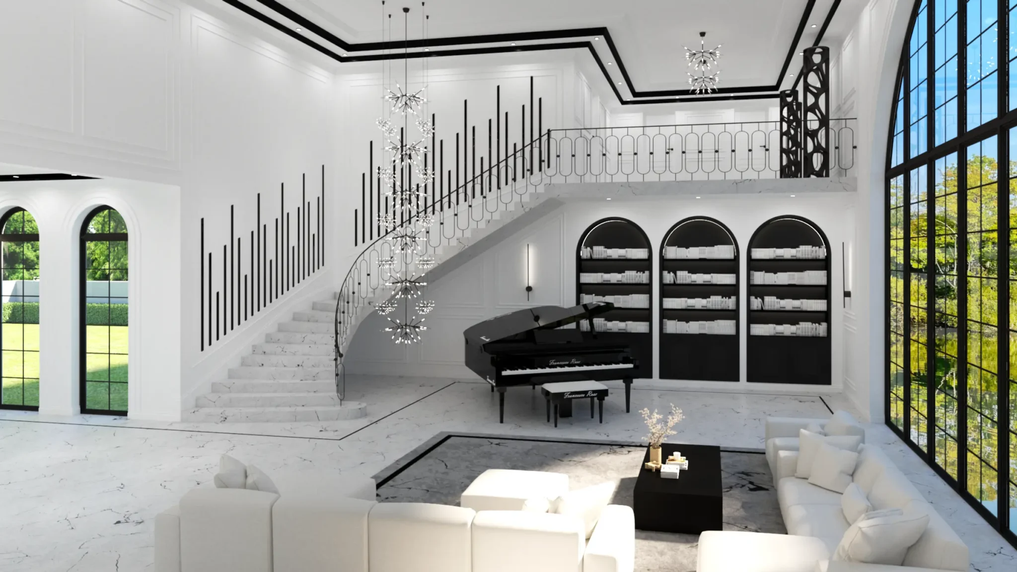 Czarno biały salon, rezydencja, elegancki salon