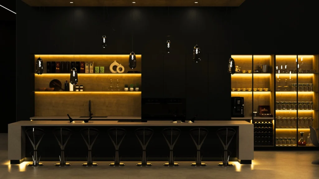 Nowoczesna kuchnia, luksusowa czarna kuchnia, led