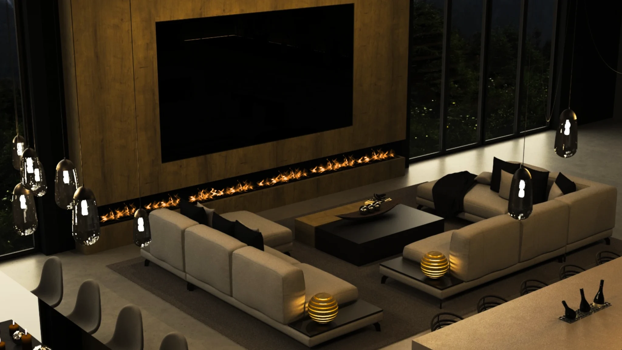 Nowoczesny salon, luksusowy salon, bio kominek, kominek led