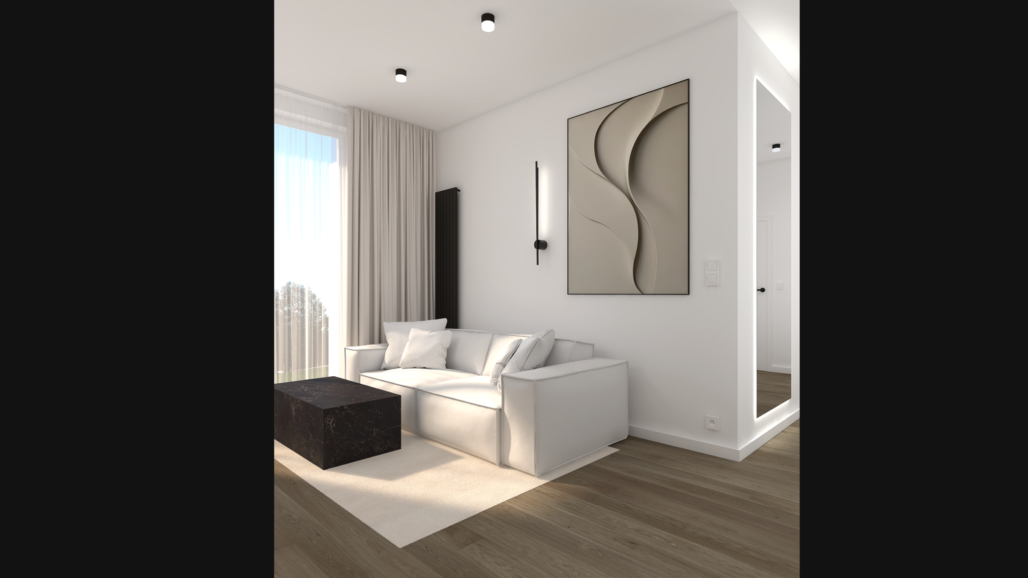 Piękny jasny salon z czarnym stolikiem