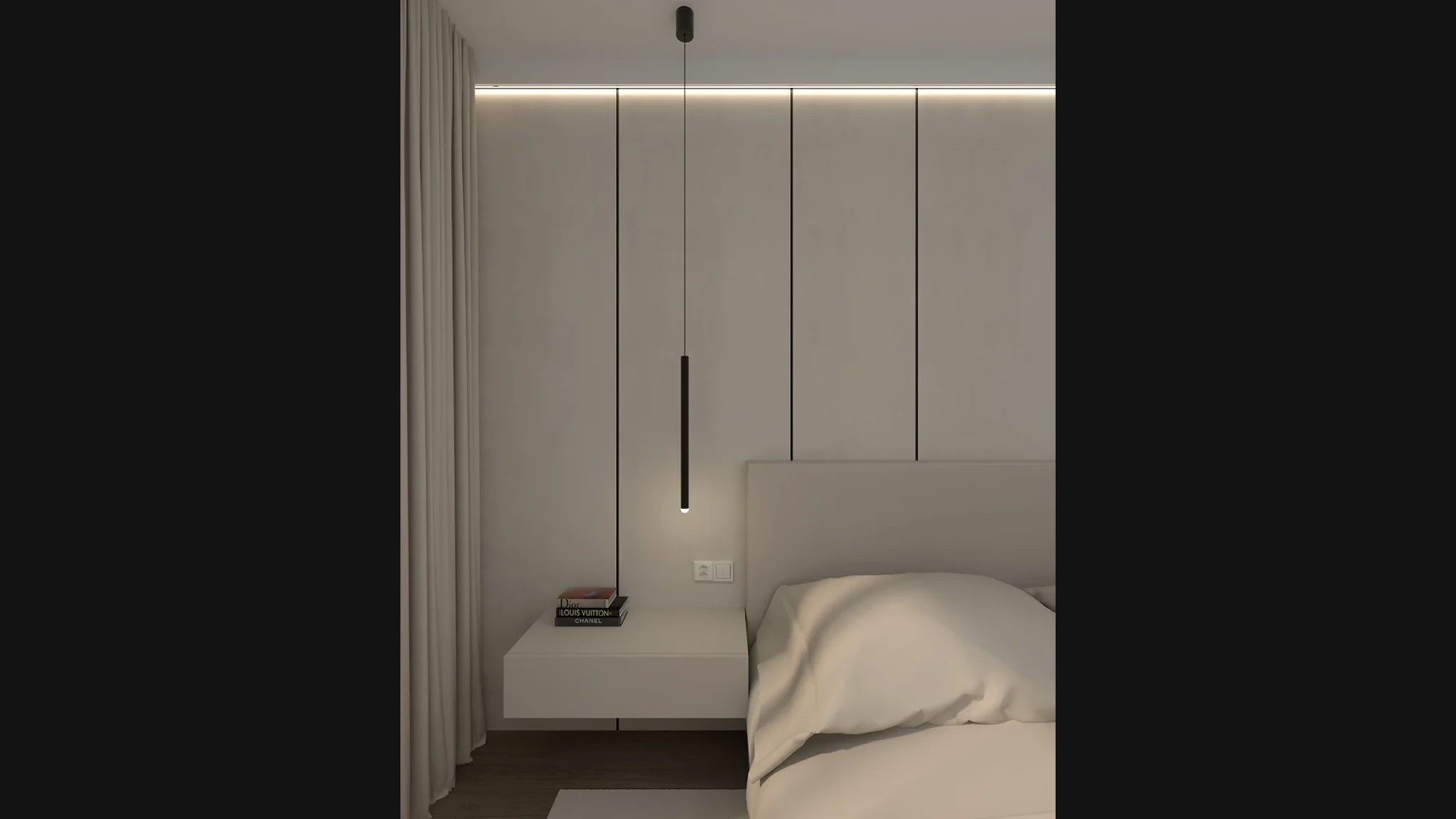 Minimalistyczna strefa do spania z ciekawymi półkami