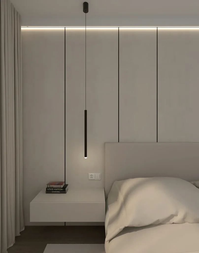 Minimalistyczna strefa do spania z ciekawymi półkami