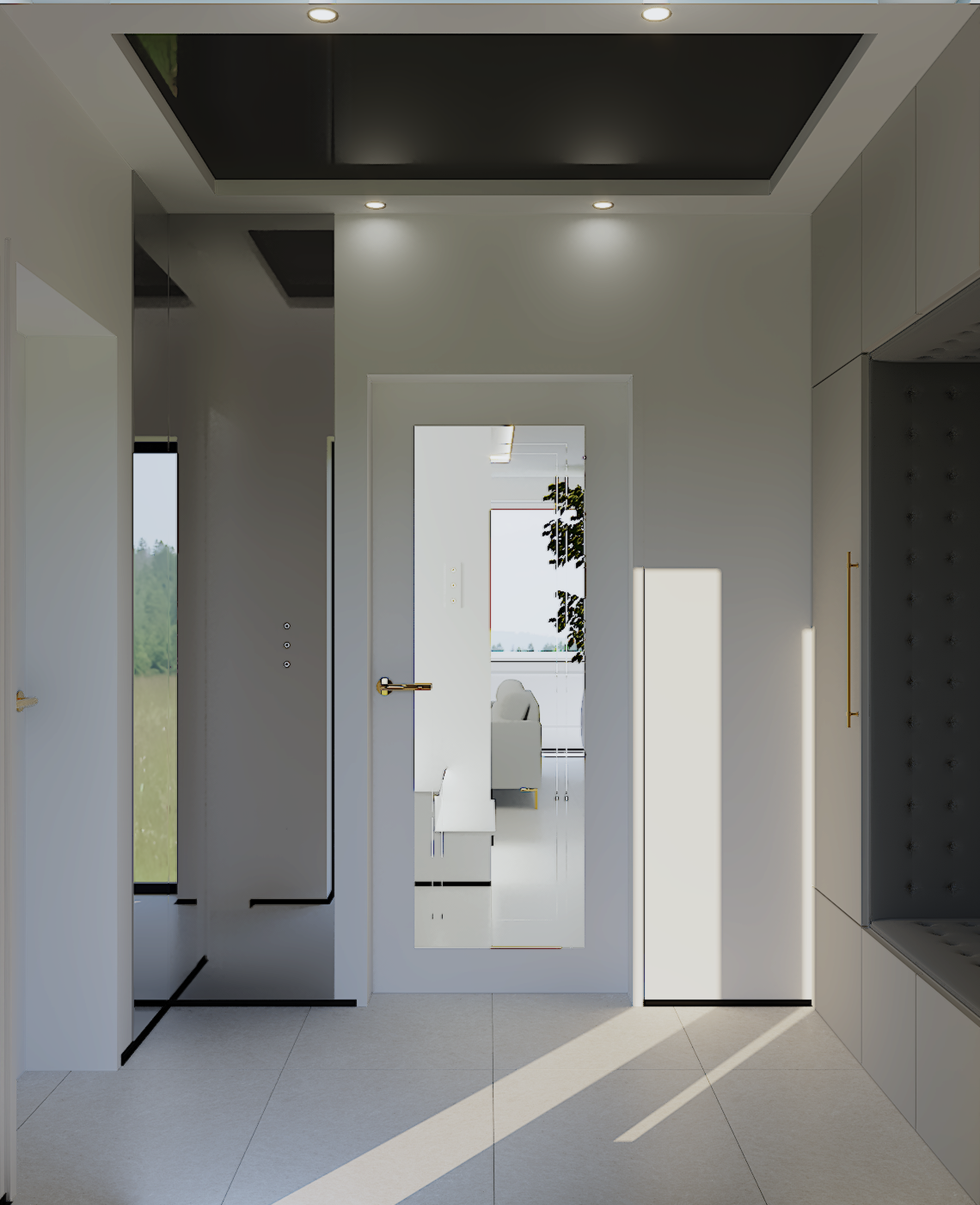 Przedpokój w stylu nowoczesnym. Płytka lappato, napinany sufit i lustro narożne