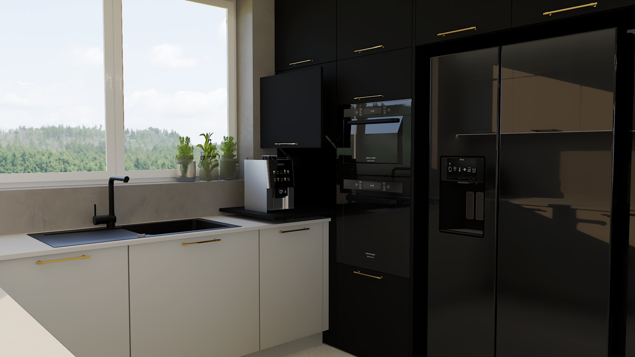 Nowoczesna kuchnia, czarna wysoka zabudowa