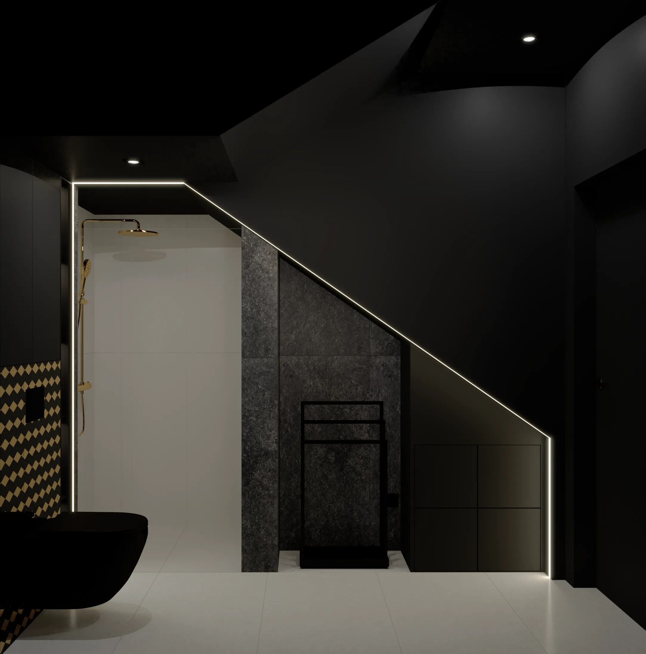 Mała ciemna łazienka pod schodami