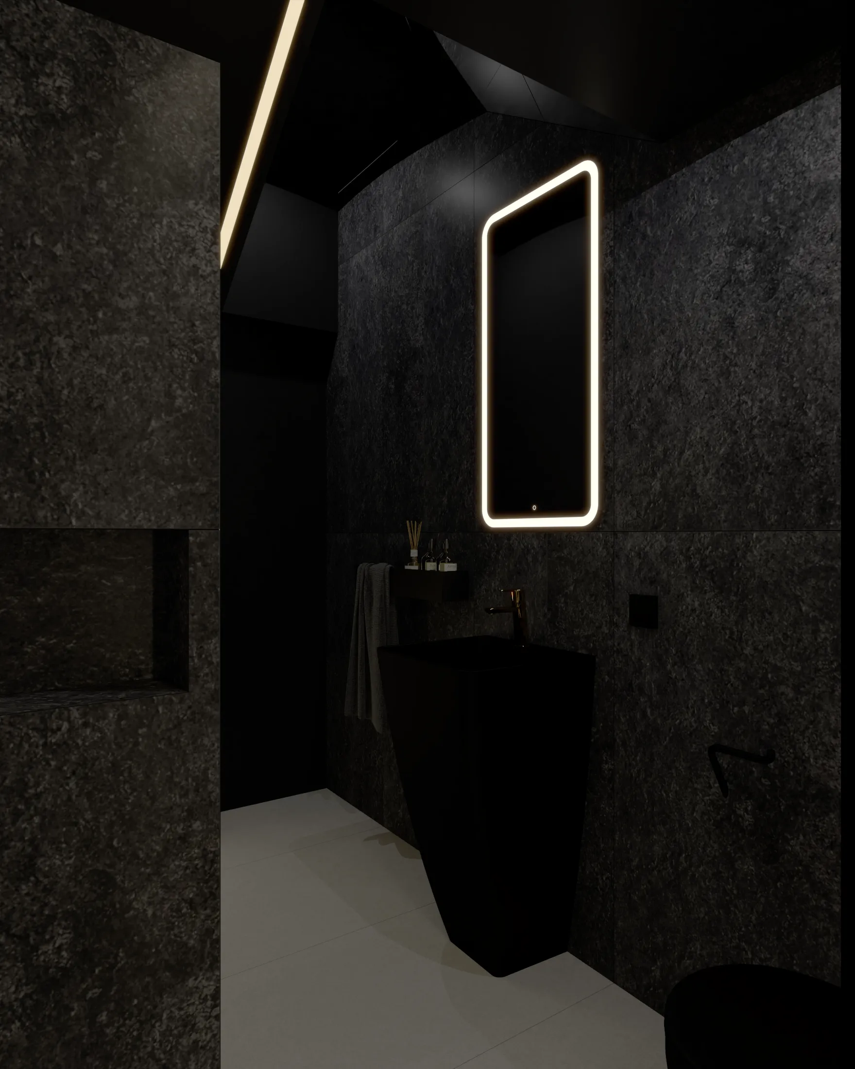 Mała czarna łazienka pod schodami