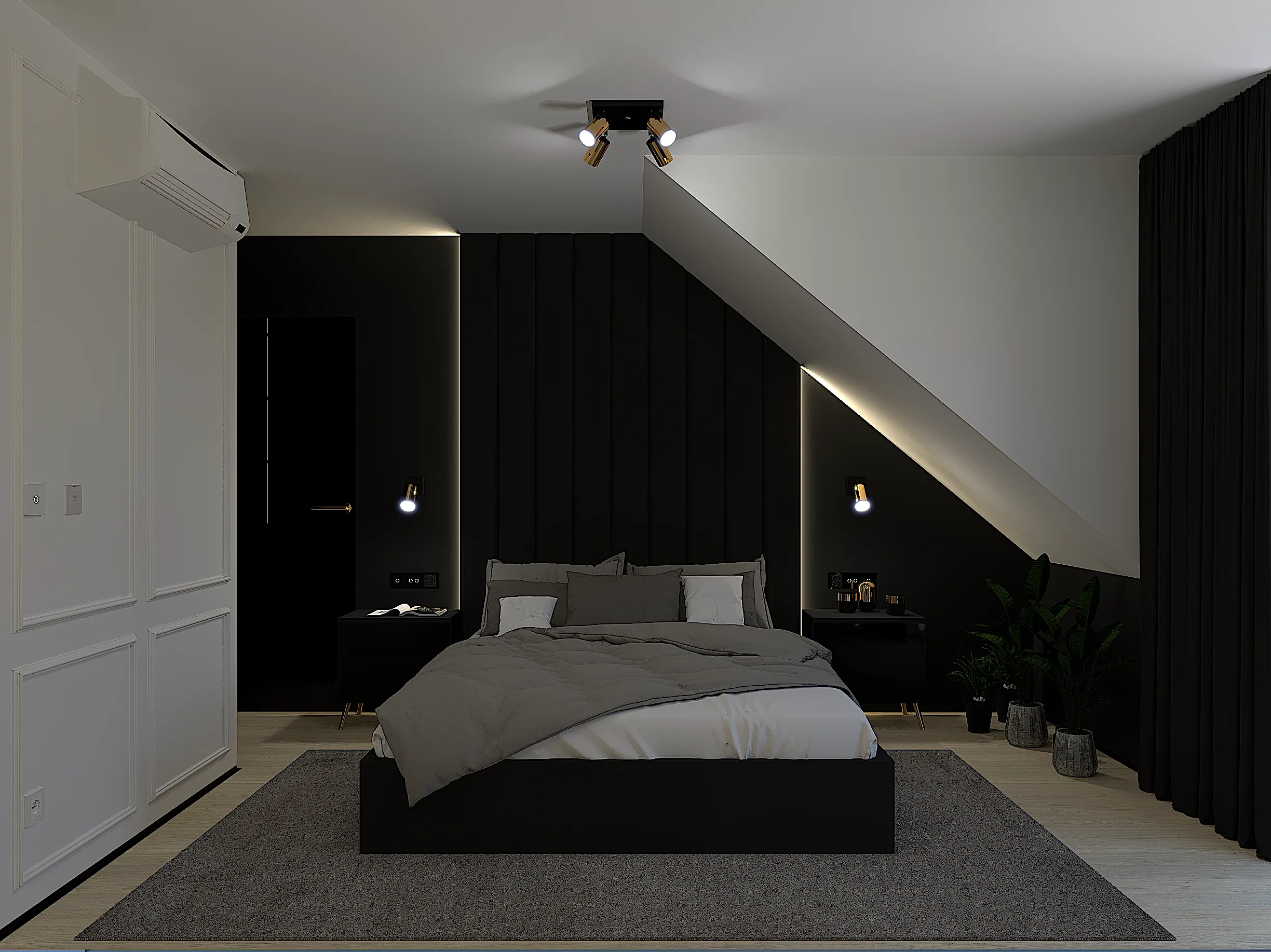 Ciemna sypialnia nowoczesna glamour