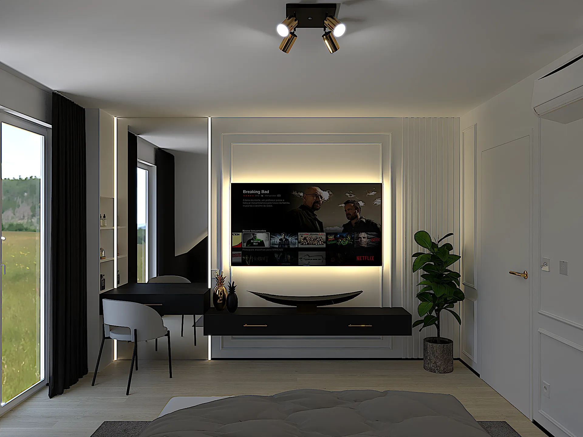 Ścianka telewizyjna w sypialni, toaletka