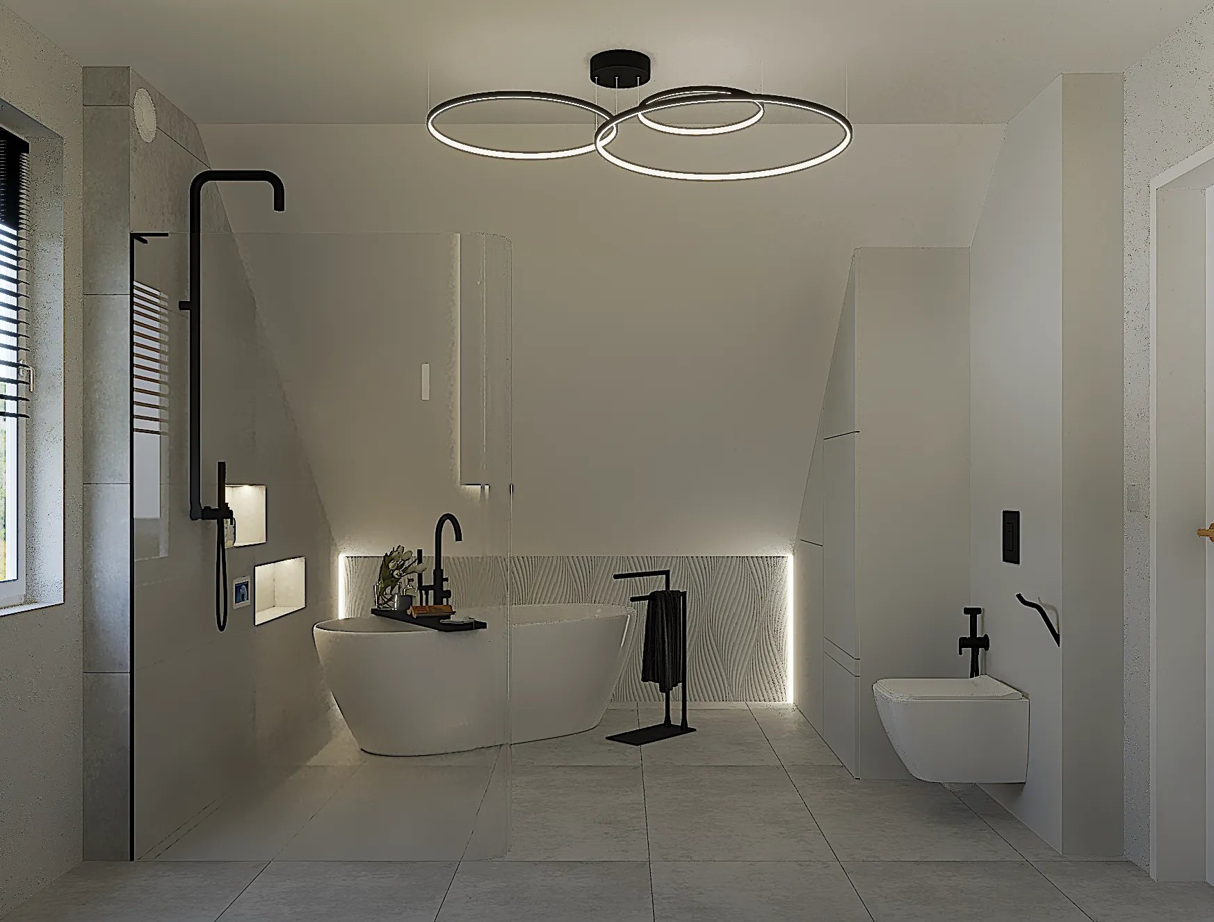 Nowoczesna, jasna łazienka z wanną wolnostojącą