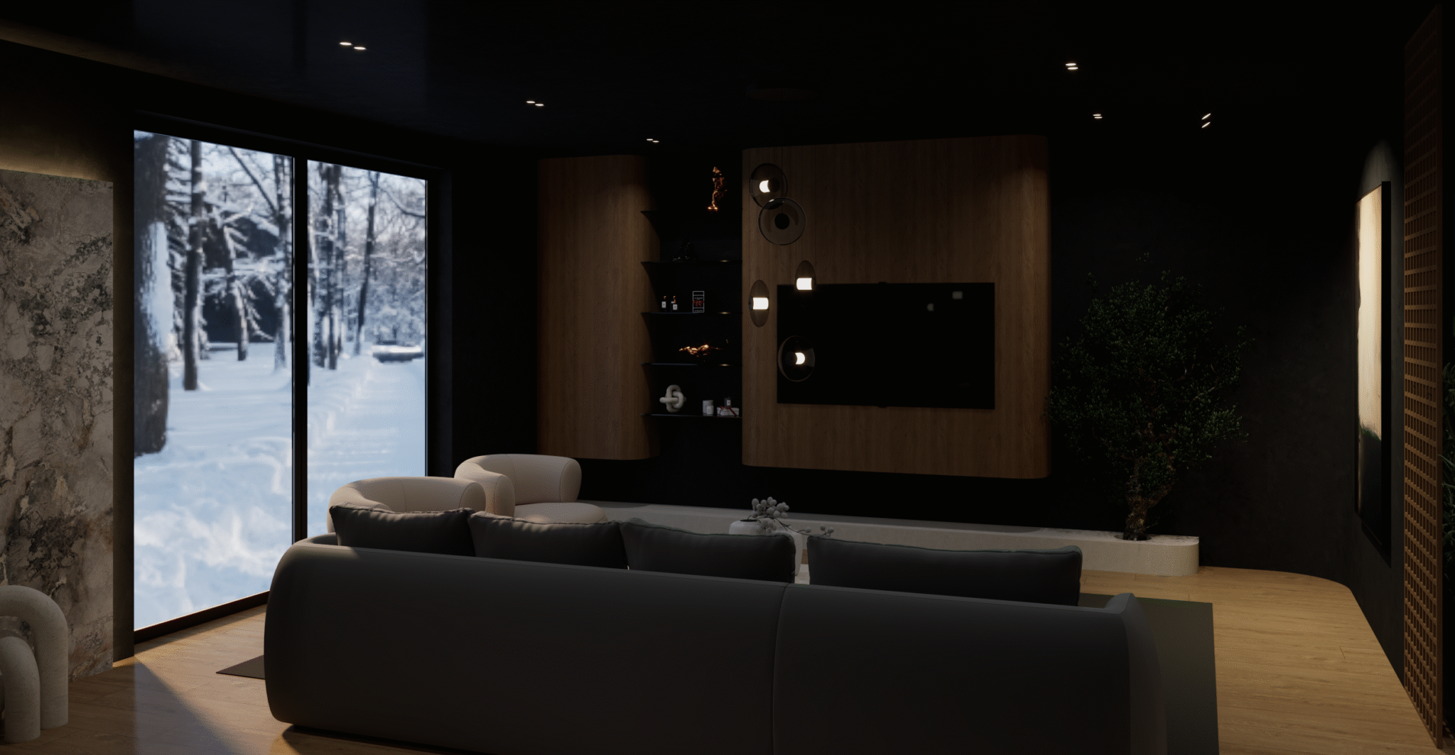 Dark Japandii salon z drzwiekiem